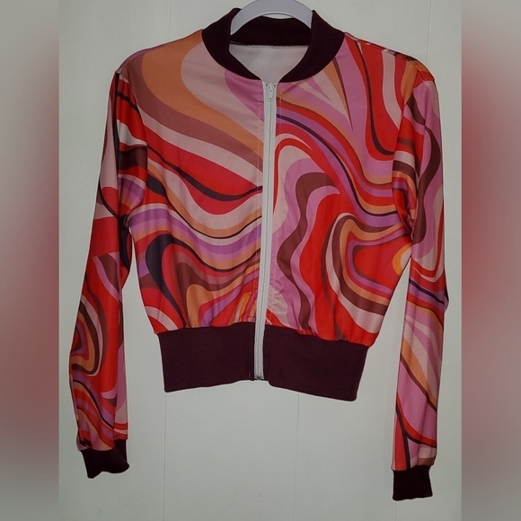 Red Print Zipper Collar Long Sleeve Two Piece Set - Picture 3 of 6